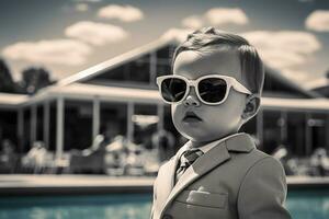 linda bebé con Gafas de sol en nadando piscina. verano vacaciones concepto ai generado foto