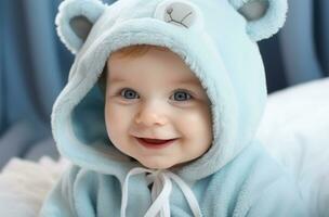 retrato de un linda pequeño chico en un azul tela antecedentes ai generado foto