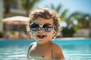 Cute baby with sunglasses in swimming pool. Summer vacation concept AI Generated photo