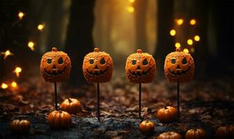 Halloween party concept. Skewers with scary faces on fire background AI Generated photo