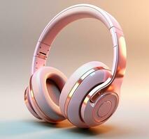 Pink headphones on a blue background. Concept of music AI Generated photo