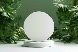 Podium for cosmetic product presentation with a round white stand in tropical forest for product presentation AI Generated photo