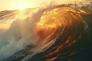 Closeup of ocean breaking waves. Sunset dawn crashing sea break Ai Generated photo