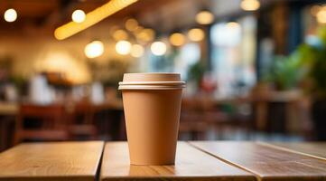 café taza en de madera mesa en café comercio, valores foto ai generado