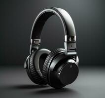 Modern black headphones on a dark background AI Generated photo