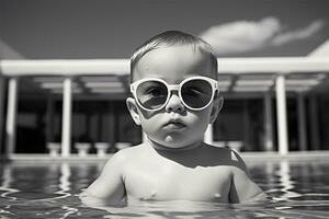 linda bebé con Gafas de sol en nadando piscina. verano vacaciones concepto ai generado foto