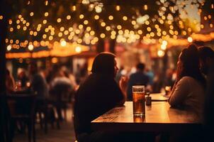 multitud de personas sentado en un pub y Bebiendo cerveza. borroso antecedentes ai generado foto