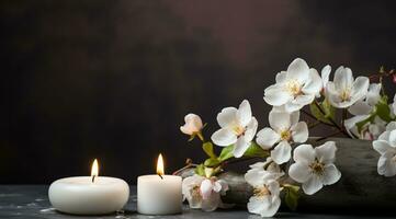 Bouquet of white magnolia flowers with burning candle on black background AI Generated photo