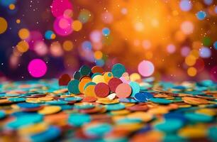 Colorful confetti in front of colorful background with bokeh for carnival Ai Generated photo