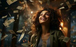 Portrait of a smiling african american woman with dollar bills falling down AI Generated photo