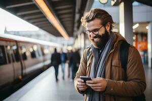 Young man using smart phone while waiting for train at the station AI Generated photo