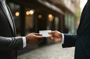 cropped shot of african american businessman giving business card to colleague AI Generated photo