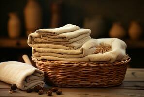 Wicker basket with folded towels on a wooden table in a rustic setting closeup AI Generated photo