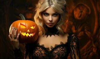 Beautiful girl in black witch costume with pumpkin. Halloween concept AI Generated photo