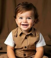 retrato de un linda pequeño bebé en un calentar marrón chaqueta ai generado foto