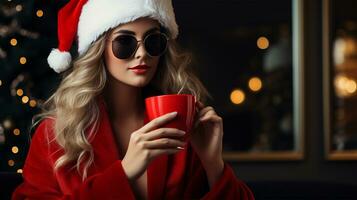 Beautiful girl in a red coat and Santa Claus hat is holding a cup of hot drink AI Generated photo