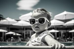 linda bebé con Gafas de sol en nadando piscina. verano vacaciones concepto ai generado foto