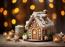 gingerbread house on a wooden table with bokeh background AI Generated photo