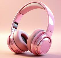 rosado auriculares en un azul antecedentes. concepto de música ai generado foto