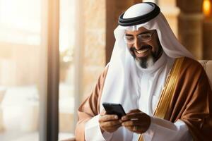 Close-up of Muslim man using mobile smart phone in the mosque AI Generated photo