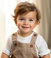 retrato de un linda pequeño bebé en un calentar marrón chaqueta ai generado foto