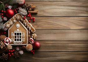 gingerbread house on a wooden table with bokeh background AI Generated photo