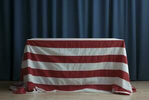 mesa con americano bandera en el antecedentes de un azul cortina ai generado foto