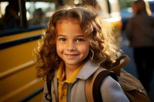 Portrait of a smiling little girl in a yellow backpack on the background of the bus AI Generated photo