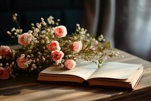 Open book with bouquet of flowers on wooden table, closeup AI Generated photo