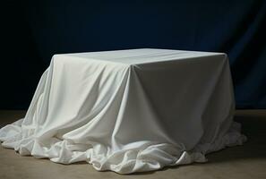 White tablecloth on a dark background. Place for your text AI Generated photo