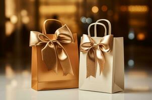 regalo caja con oro arco en bokeh luces antecedentes ai generado foto