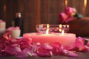 spa concept pink flowers roses and candle light in spa salon AI Generated photo