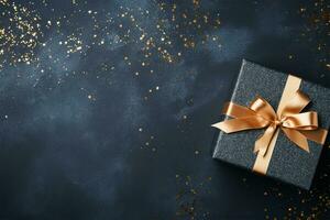 AI Generated Elegant blue present box with golden bow on a dark blue background, copy space. Gift box, top view. photo