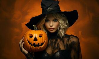 Beautiful girl in black witch costume with pumpkin. Halloween concept AI Generated photo