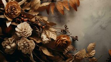 Generative AI, Autumn home decoration close up, muted colors, holiday photorealistic aesthetic background photo