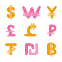 Set of international currency symbols. Cute hand drawn vector illustration with money signs. Coins of different countries - dollar sigh, euro, yuan, pesos. Colorful vector clipart set in naive style