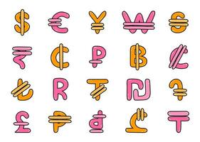 Set of international currency symbols. Cute hand drawn vector illustration with money signs. Coins of different countries - dollar sigh, euro, yuan, pesos. Colorful vector clipart set in naive style