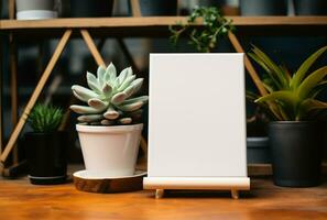 Mockup of a white sheet of paper on a wooden table with a vase of dry grass AI Generated photo