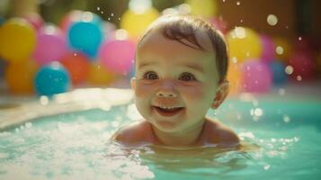 happy baby playing in a swimming pool during summer vacation Ai Generated photo