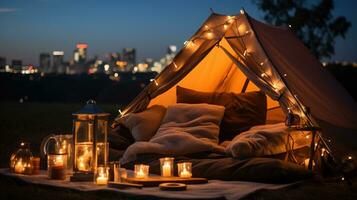 generativo ai, romántico cámping con linterna luces, almohadas, frazada. ciudad ver en el noche foto