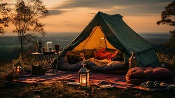 generativo ai, romántico cámping con linterna luces, almohadas, frazada. ciudad ver en el noche foto