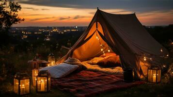 Generative AI, romantic camping with lantern lights, pillows, blanket. City view in the evening photo