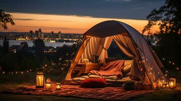 generativo ai, romántico cámping con linterna luces, almohadas, frazada. ciudad ver en el noche foto