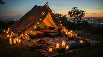 generativo ai, romántico cámping con linterna luces, almohadas, frazada. ciudad ver en el noche foto