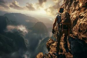espalda ver de un valiente hombre alpinismo un extremo acantilado en brillante día ai generativo foto