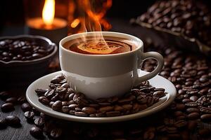 taza de caliente café con aromático espuma y café frijoles servido en mesa ai generativo foto