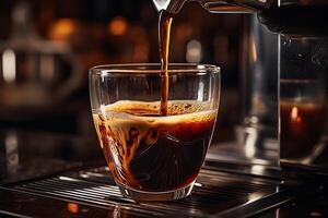 Robusta Pouring from Coffee Machine Flowing Into the Clear Small Glass in Cafe AI Generative photo