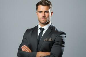 Successful Young Businessman Wearing Suit Standing with Arms Folded Looks Confidently AI Generative photo