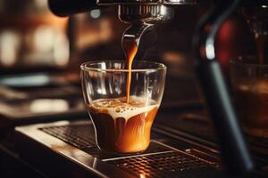 Espresso Pouring from Coffee Machine Flowing Into the Clear Small Glass in Cafe AI Generative photo