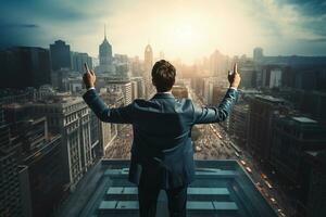 Back View of Businessman Standing with Raised Hand on Rooftop at Bright Day AI Generative photo